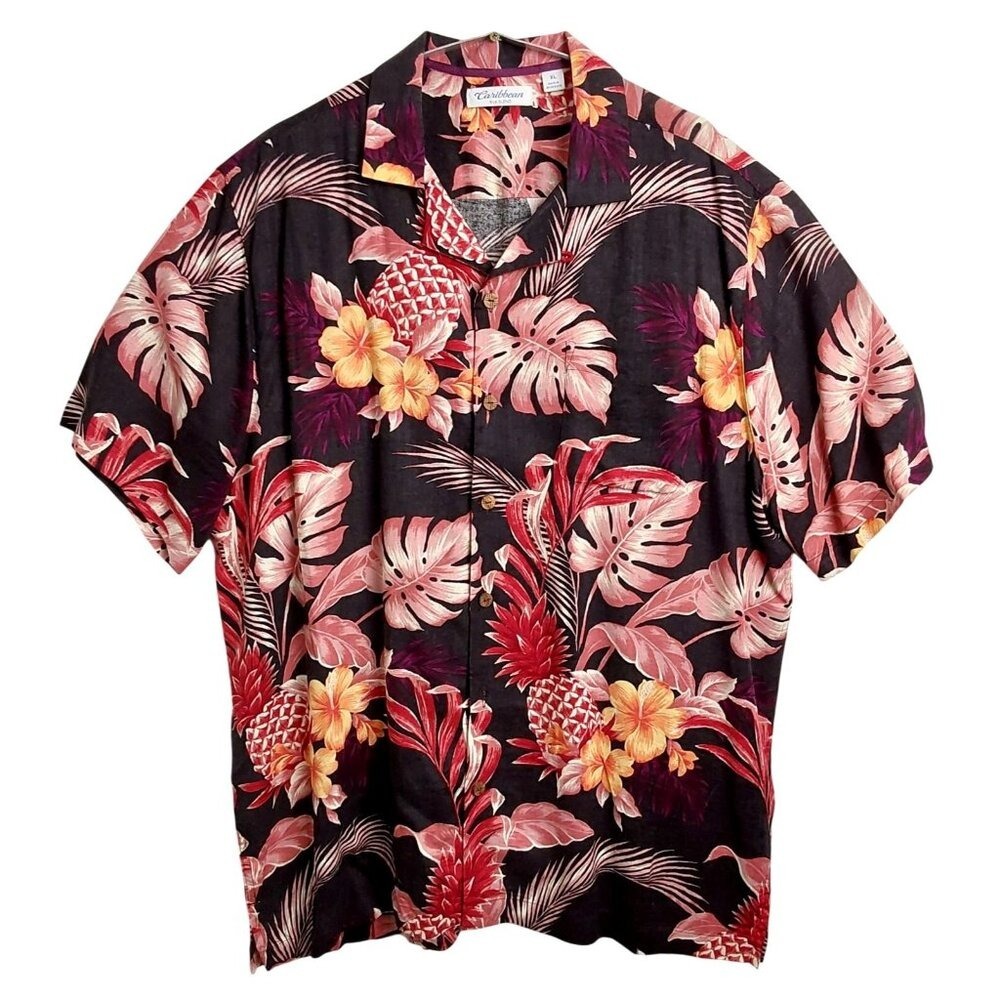 Caribbean Mens XL Silk Blend Tropical Pineapple Floral Hawaiian Camp Shirt Black